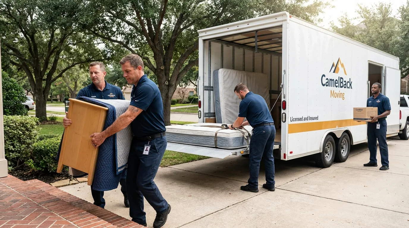 Crew loading residential truck for cross-state move from Pewaukee, WI