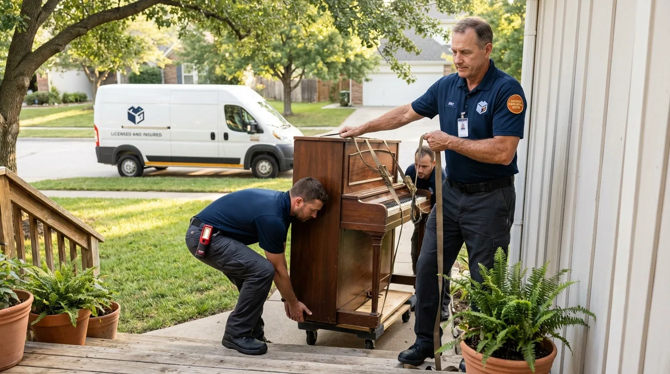 Licensed piano movers securing grand piano in Pewaukee, WI