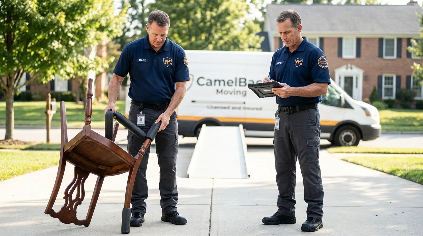 Movers inspecting furniture for damage prevention before loading in Pewaukee, WI