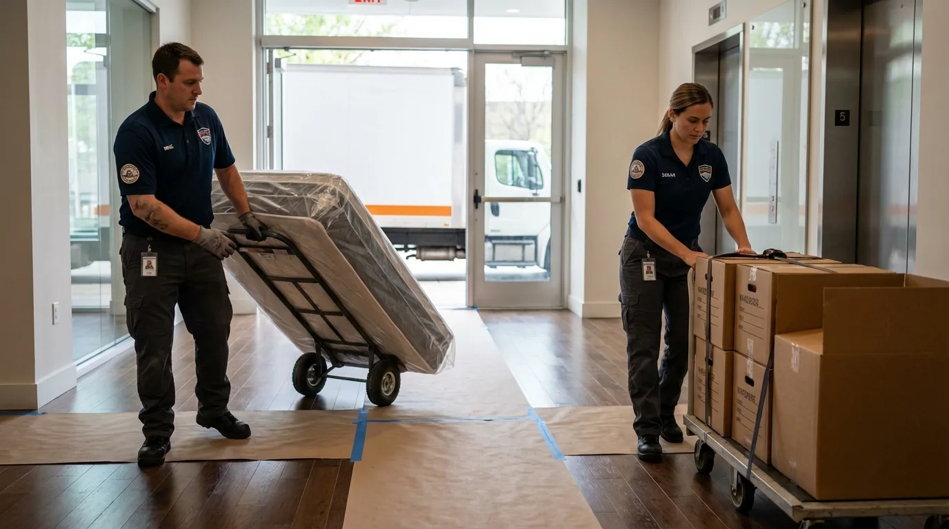 Professional apartment movers loading elevator in Pewaukee, WI